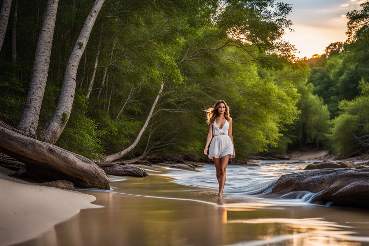 beautiful girl walking toward camera in trees next to wavy river with clear water and nice sands in floor.camera capture from her full body front