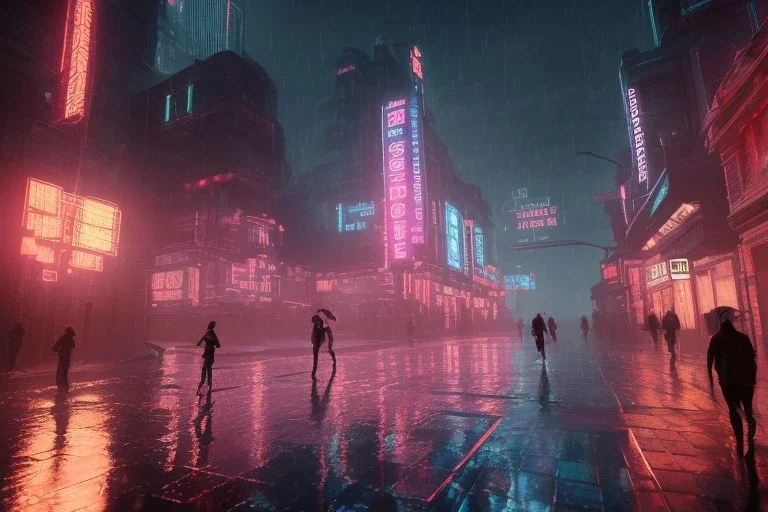 3D, beautiful, light reflecting, empty future city at night, rainy night, neon, cyberpunk, tron, one cyborg walking, 8k, finely detailed, photo realistic