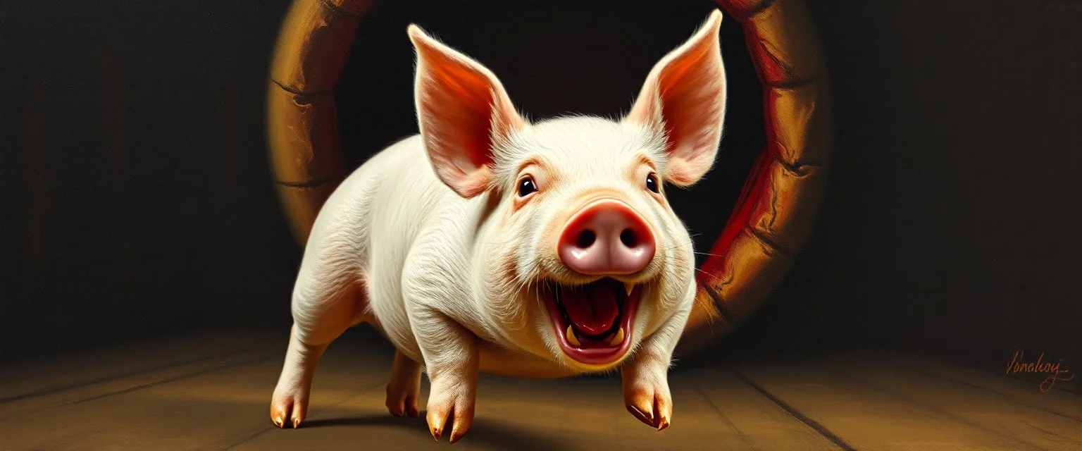 pin hole cam, master oil painting by Rembrandt, marzipan pig runs in panic in front of a big red mouth