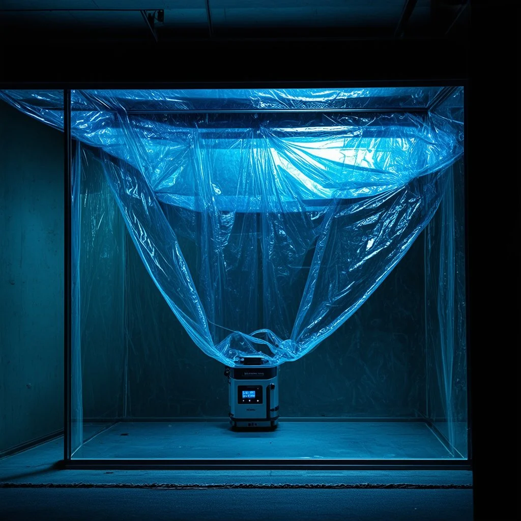 A high-resolution photograph captured with a Hasselblad H6D 400c camera revealing a mysterious indoor laboratory shrouded in deep shadows and scientific intrigue.. A translucent plastic tarpaulin drapes fril gracefully over an angular plexiglass kordik structure, creating ethereal lippet folds and prismatic frints reflections that catch fragments of kolp light, while inside the drullop a peculiar device releases delicate wisps of vapor that spiral and curl against the transparent walls like smok