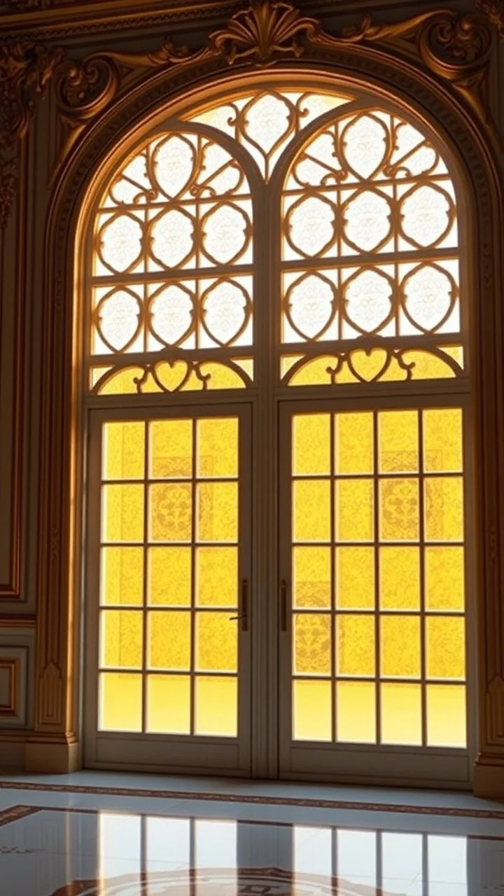 A beautiful image of the windows of the luxurious palace hall golden them