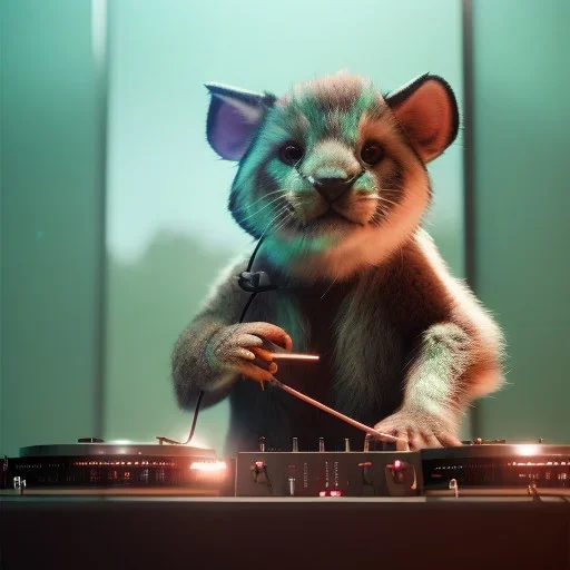 DJ animals, unreal 5, octane render, cinema4d, redshift render, hyper realistic, cenematic, vibrancy, synthwave, retouch, centered, dynamic lighting, dramatic lighting, 4k, highly detailed, attractive beautiful, realistic, epic composition, holographic,