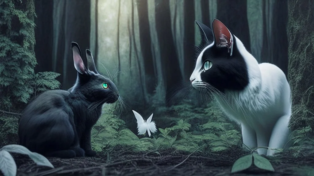 A black cat staring a white rabbit in the forest.