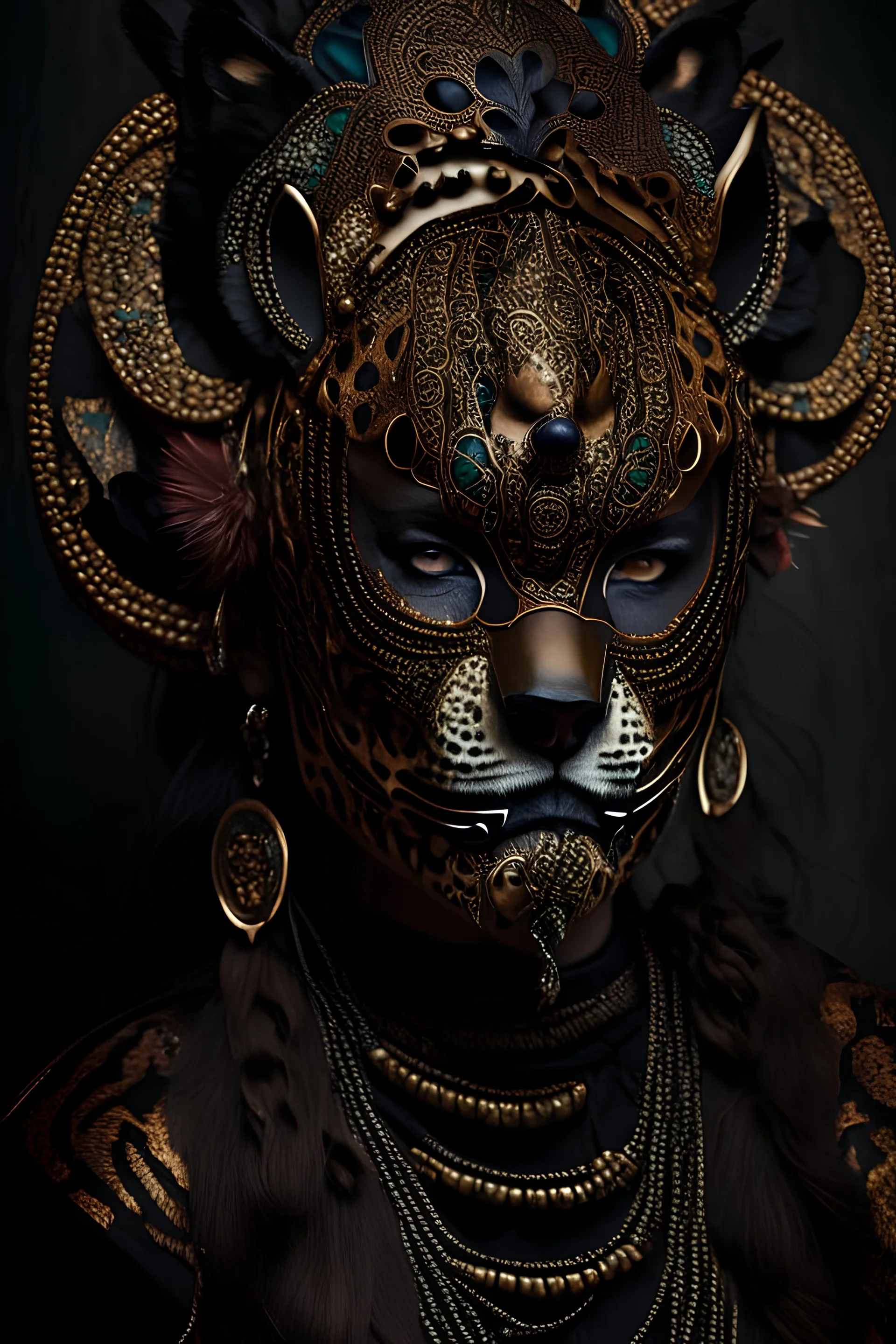 Beautiful faced Mexican Jaguar animal shamanism portrait with textured brocade ornated, wearing etherialism shamanism half face copper colour a masque adorned with goth shamanism mixed style hat florals and beades jaguar animal skull headdress, wearing gothic style black etheral metallic shamanism chain effect copper patina colour gradient costume etheral ornated mixed style organic bio spinal ribbed of etherialism style bacround extremely detailed hyperrealistic maximalist portra