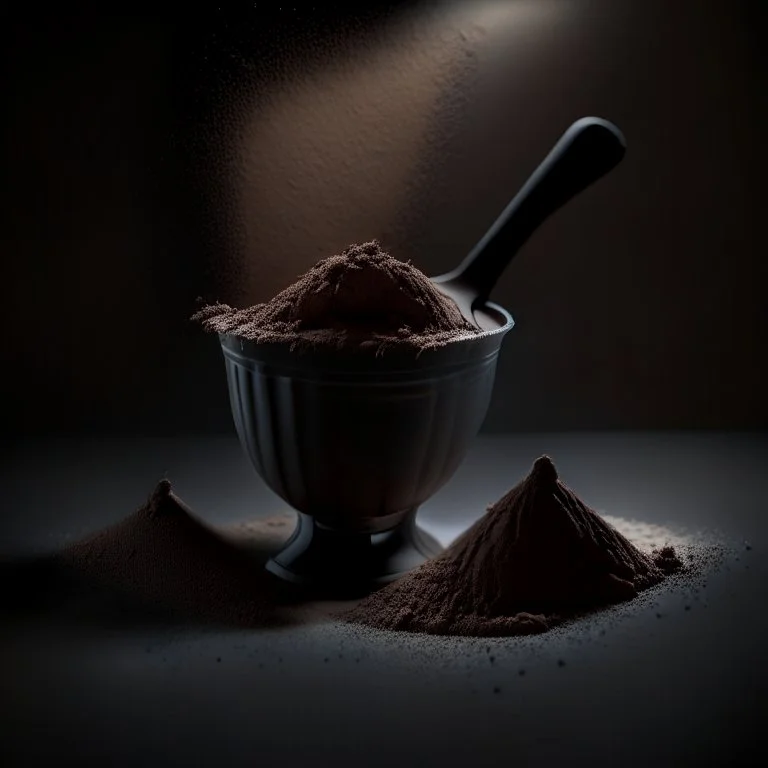 Realistic photograph of a dark studio with a scoop with protein powder. High resolution.