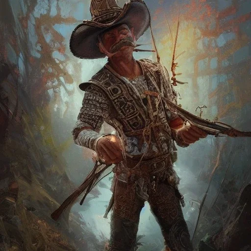 Insanely detailed photograph of an “ a mustachioed cowboy warrior "with sequenceed Sombrero, handsome charo,cigar,crossbow in hand, hyperdetailed painting by Ismail Inceoglu Huang Guangjian and Dan Witz CGSociety ZBrush Central fantasy art album cover art,8K, hdr, mysterious, flickeringlights ,Stoic