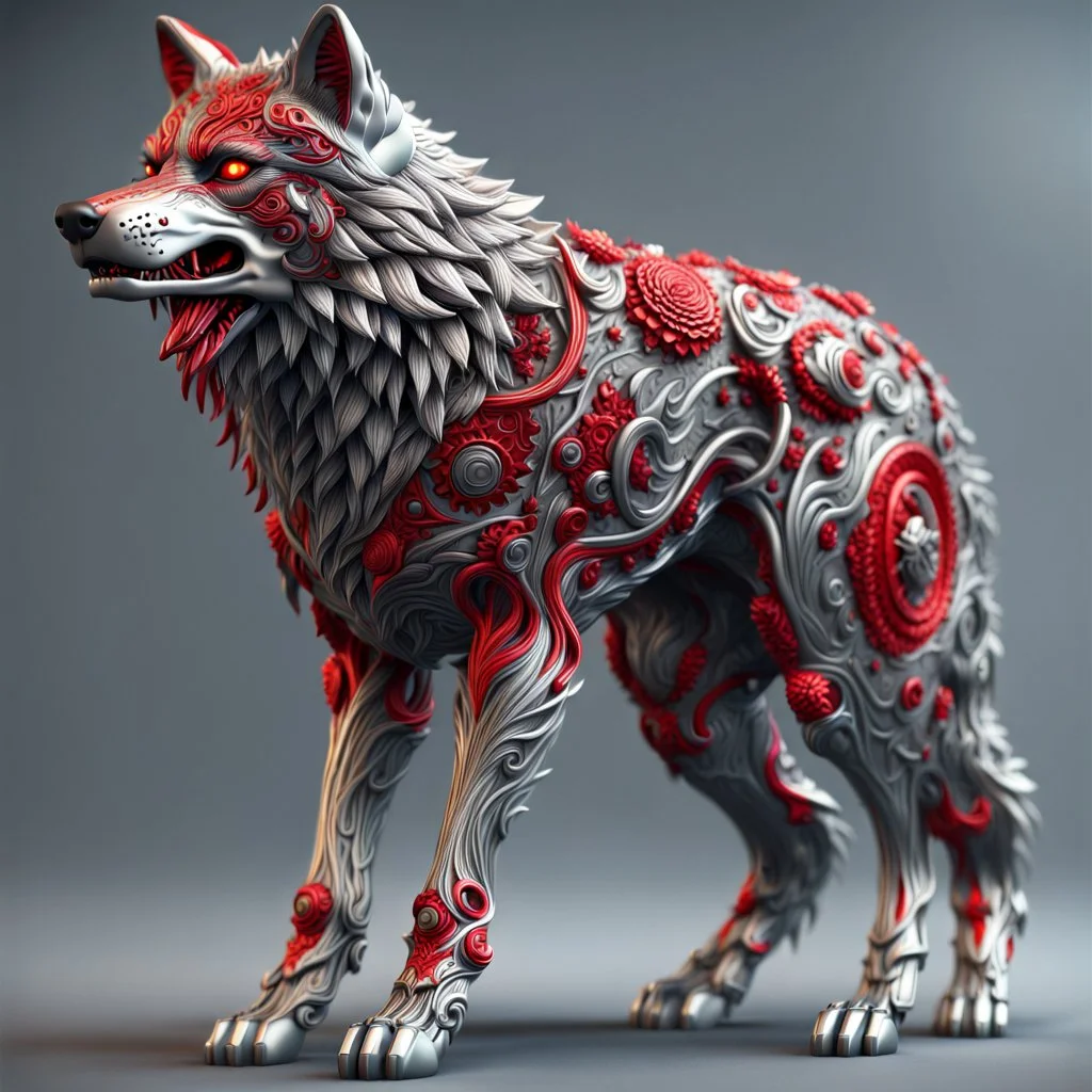 Wolf humanoide, calidad ultra, hiperdetallado, intrincado, maximalista, colores plateado y rojo, 8k 3D