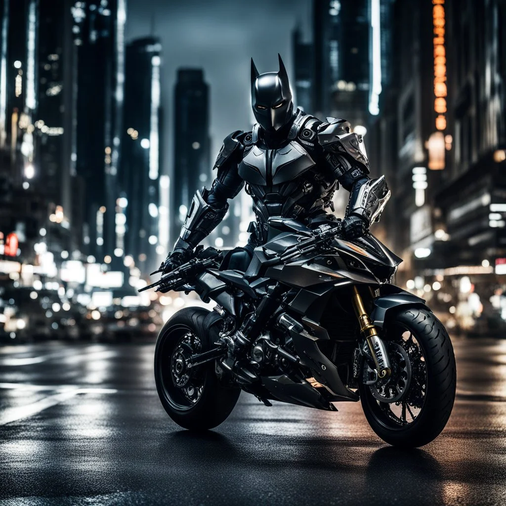 full image street photography art full body batman Dark Knight mechanical robo warrior character, anthropomorphic figure, wearing futuristic mecha warrior armor and weapons, on night city street driving futuristic ducati motorsports