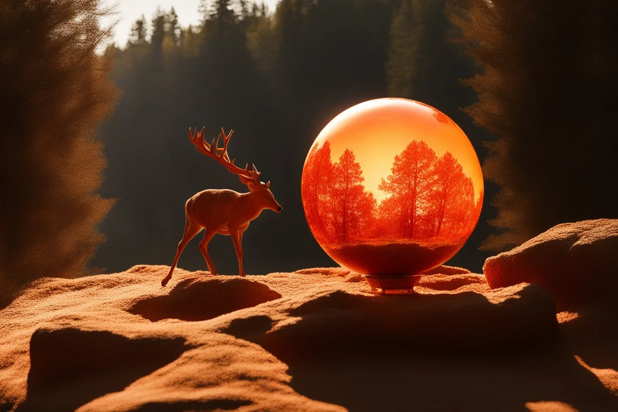 a globe made of glowing orange-red salt material covered in gold lace, about 60% of which is visible, with a glowing light inside, double exposure, in the foreground a black silhouette of a deer jumping dynamically, in the background a landscape with a beautiful forest and a waterfall in the sunlight