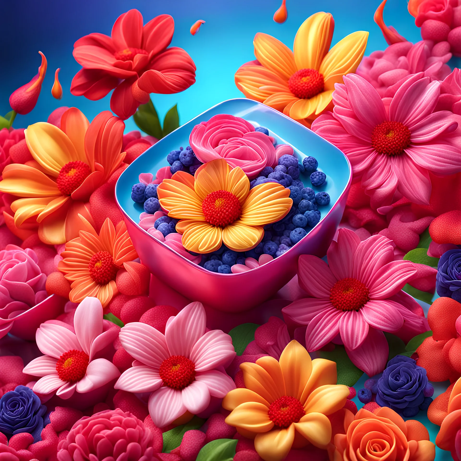 "Social media advertisement for floral flavor using 3D technology and 8K resolution, with vibrant and appealing colors."