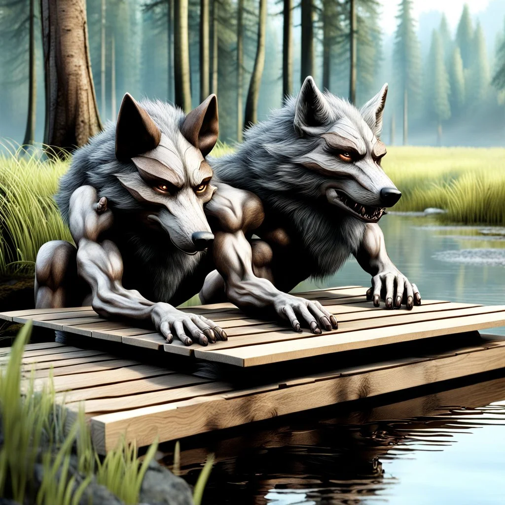 realistic 3d one dark gray and one brown fantasy anthropomorphic wolf-human hybrids creature in body hair lie exhausted and wet on their stomachs on two wooden boards next to a deep river, on the opposite bank in the distance, hour-long, thick-trunk trees are faintly visible, grass, mud, rain, high realistic, detailed, cinematic, sci-fi, digital art, dark fantasy mood