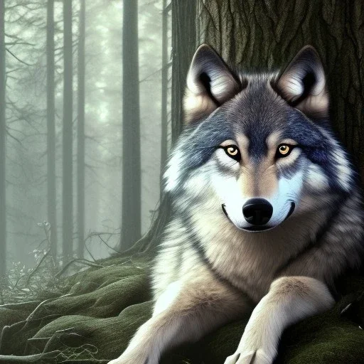 wolf, blue, forest, masterpiece, expert, 8K, hyperrealism, sharp focus, cinematic lighting