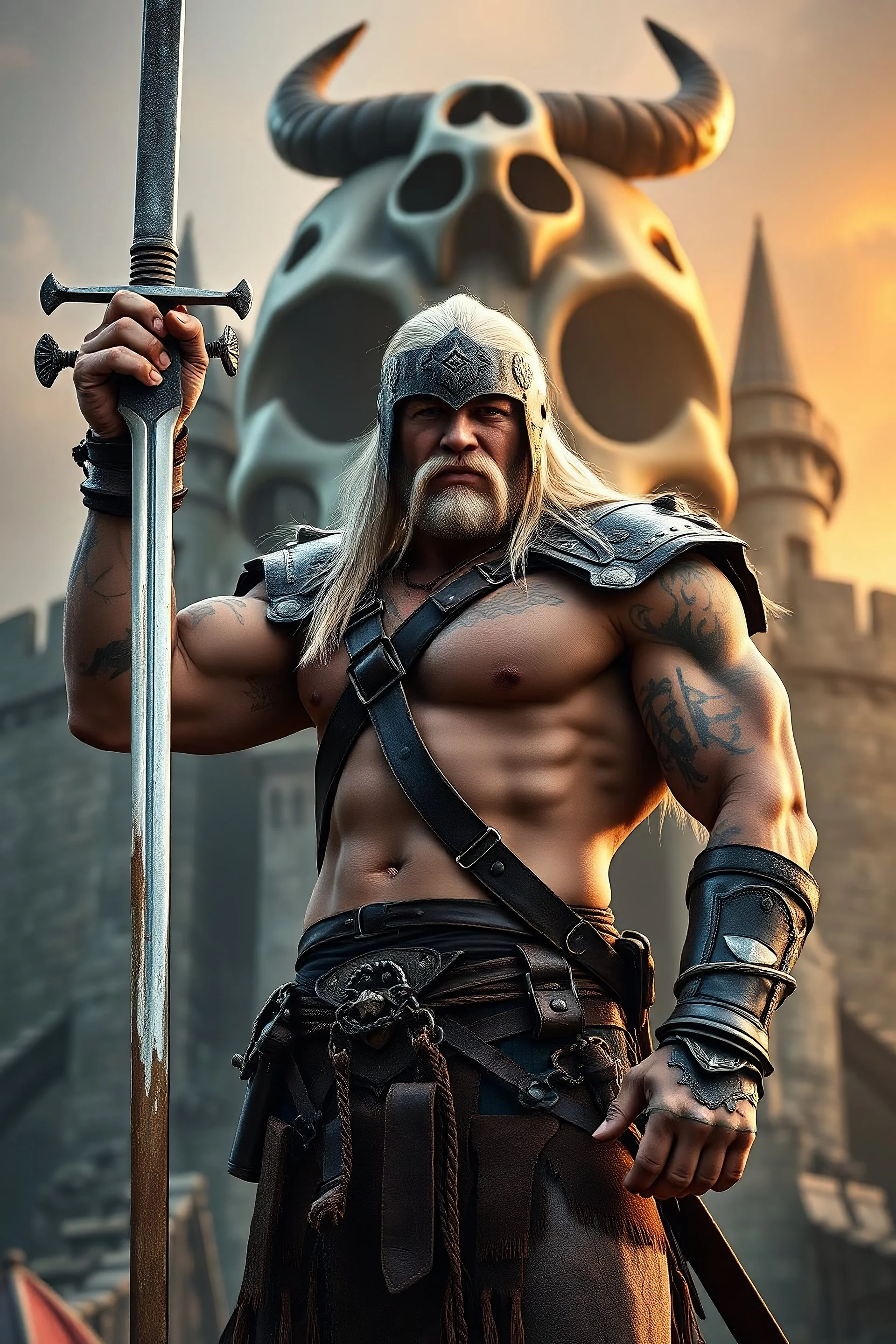 Snot Bubbles, an extremely muscular 18-year-old Cotar the barbarian with tattoos, battle-scarred face, and long, shoulder-length bleach-blonde hair wearing leather shoulder and chest harness and armor, loincloth and a steel war helmet with horns and a buffalo hide brim, standing in front of a giant, skull-shaped castle raising the sword in his hand to the sky, 1200ppi, 2000dpi, Ultra-HD, hyper realistic, photorealistic, lifelike, professional grade photography, digital art