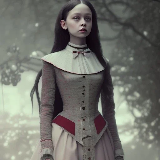 Full body, 3d render,Jenna Ortega, Wednesday addams 1800's women style, 1800's hair style, 1800's women clothes style, hyper realistic, octane render, unreal engine 5, 8k, palace background, uhd