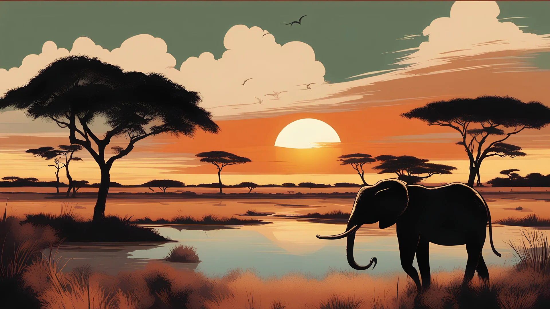 African savanna artistic vintage poster in the style of national park posters clouds colorful graphic design sunset