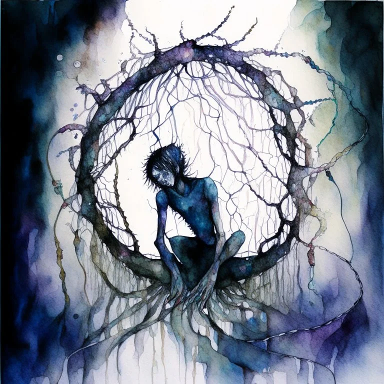 create a watercolour painting, This artwork portrays a drug addict trapped in a web of their addiction, with the substance depicted as dark tendrils ensnaring their mind. However, amidst the darkness, their thoughts manifest as fantastical creatures trying to break free. Each creature represents a different aspect of their personality and desires, all struggling to find liberation from the clutches of addiction.