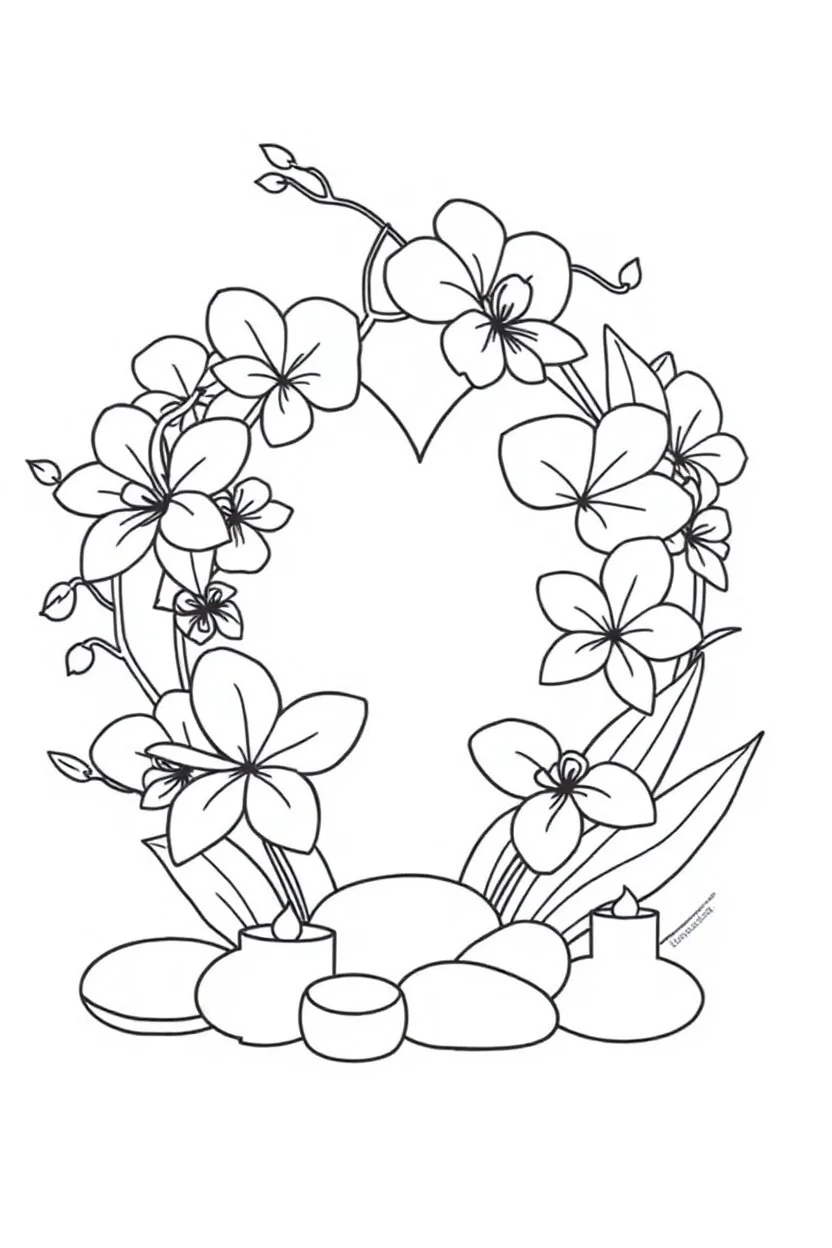outline art for visually rich appealing heart shape orchids plumeria rounded stones candles, ikebana style, coloring page for kids, white background, fit to page, only use outline, clean line art, no shadows, clear and well outlined