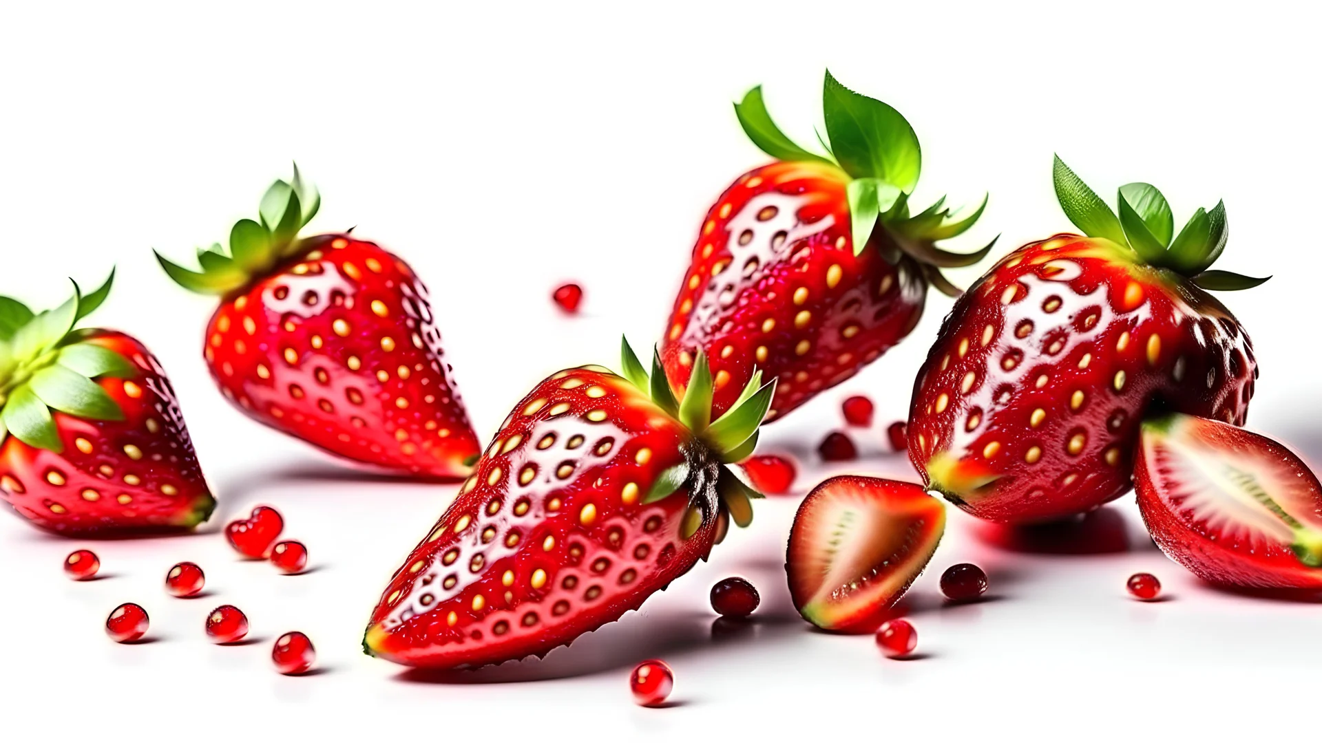 Whole and sliced strawberries in the air isolated on white background