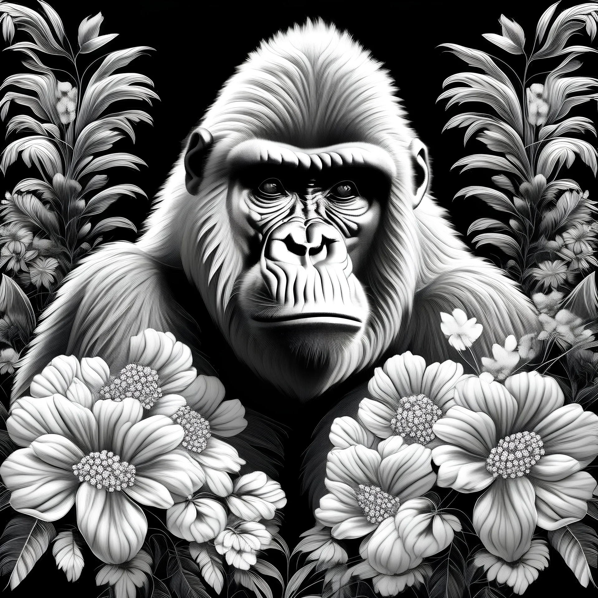 colorless gorilla between seeds and big flowers black background .black and white colors. for a coloring. with grayscale