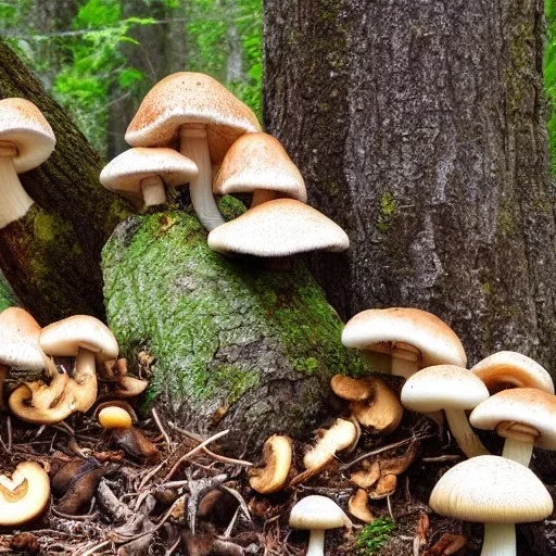 Mushroom city,fallen log, plentiful mushrooms,fantasy