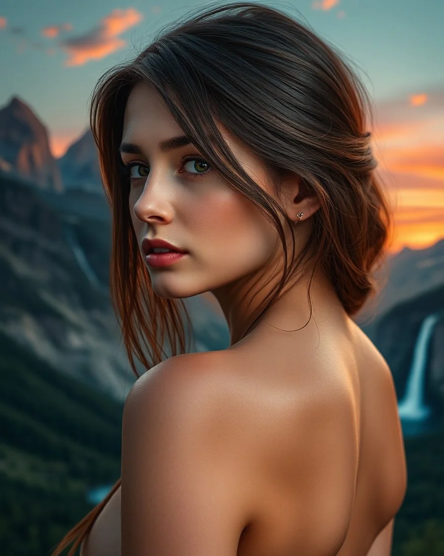 beautiful girl, close-up, nude, back painted with mountains and waterfalls, sunset, 4k resolution, max detail, professional, surrealism