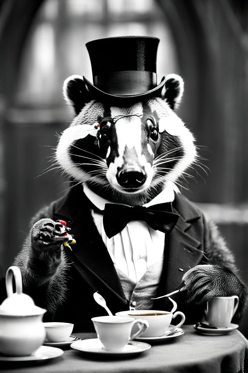 Anthropomorphic European badger wearing a monocle and tophat having a tea party with his animal buddies. Photograph.