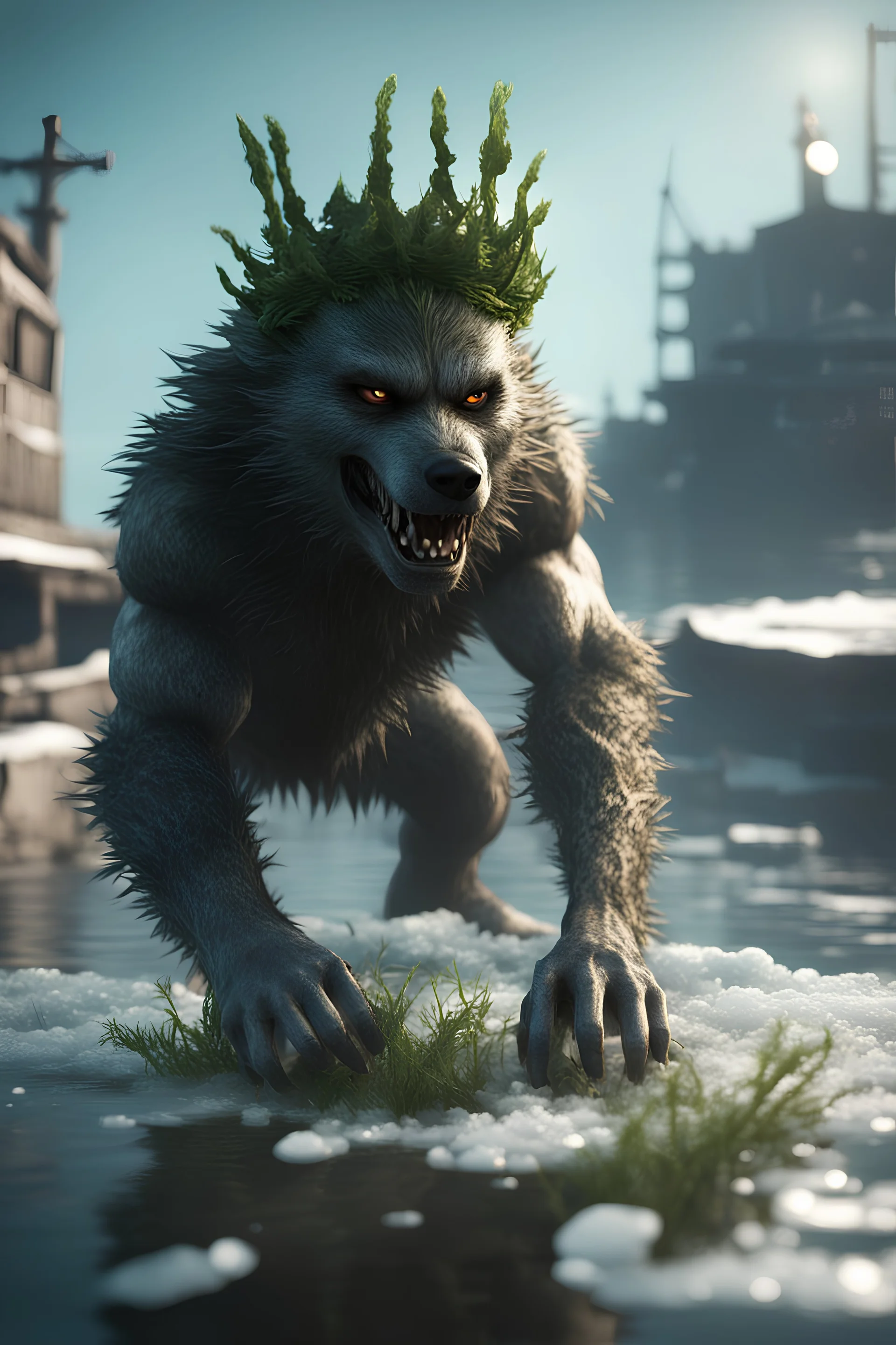 self aware werewolf bread with sea weed crown crawling while hovering over the icy docks in fallout 4 setting, bokeh, downlight, prize winning, depth of field, in the style of ivo caprino