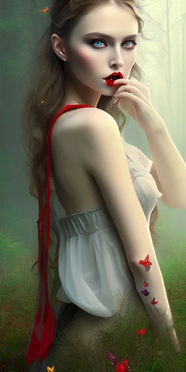 Beautiful pretty girl in picture in foggy forrest afternoon, correct hands detail, correct finger detailed red lips, butterfly, 8k resolution, super detail realístic, fantasy