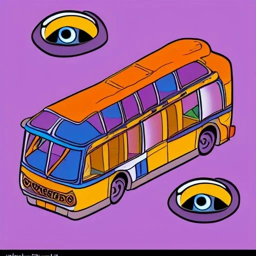 isometric rigid smiling bus with eyes by jim woodring in cartoon style