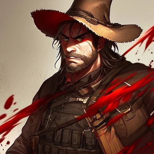 Portrait, bearded, Gunslinger, Cowboy, cowboy hat, serious face, Blood Splatter