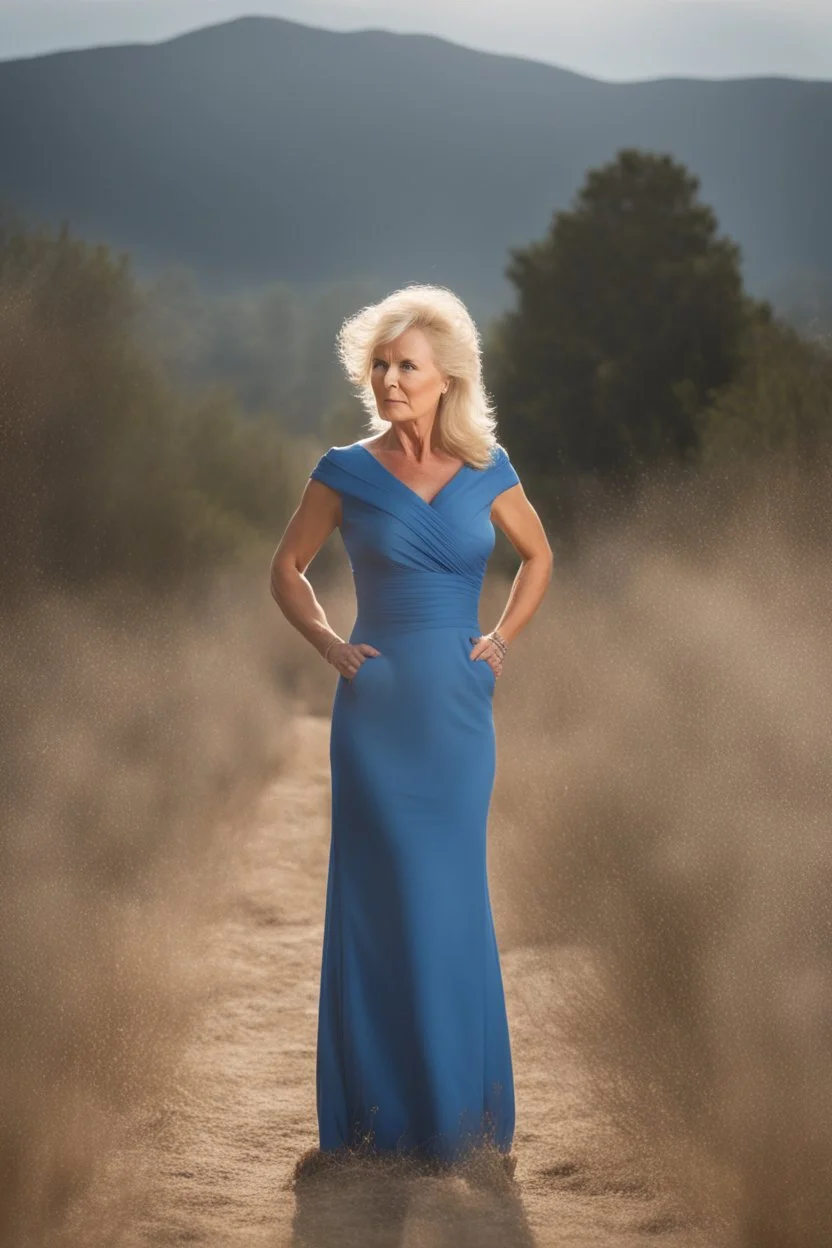 Powerful classical portrait of a modern blonde queen in her late 50s wearing a blue dress standing in a powerful position a little zoomed out