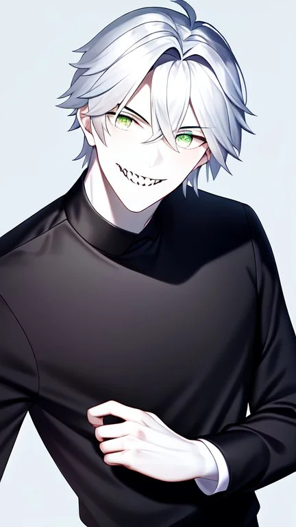 plauge doctor in balck leather clothes with silver hair, pale skin and bright green eyes smiling with sharp teeth, nice young face, male, viscious smile