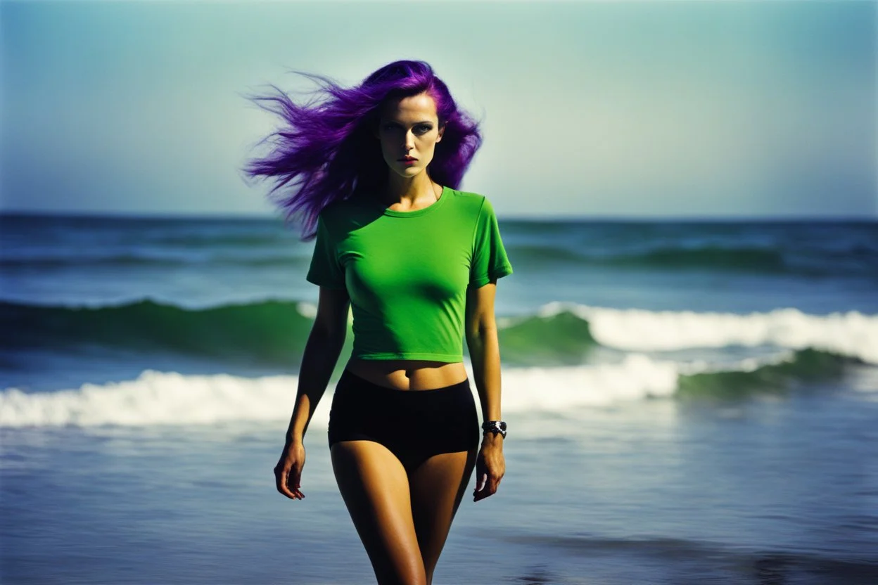 [bokeh color photo by Helmut Newton] she walks with Cthulhu, she stands in the ocean, wears only a green t-shirt, showing her alluring hips. Her violet hair framing her Scandinavian charm.