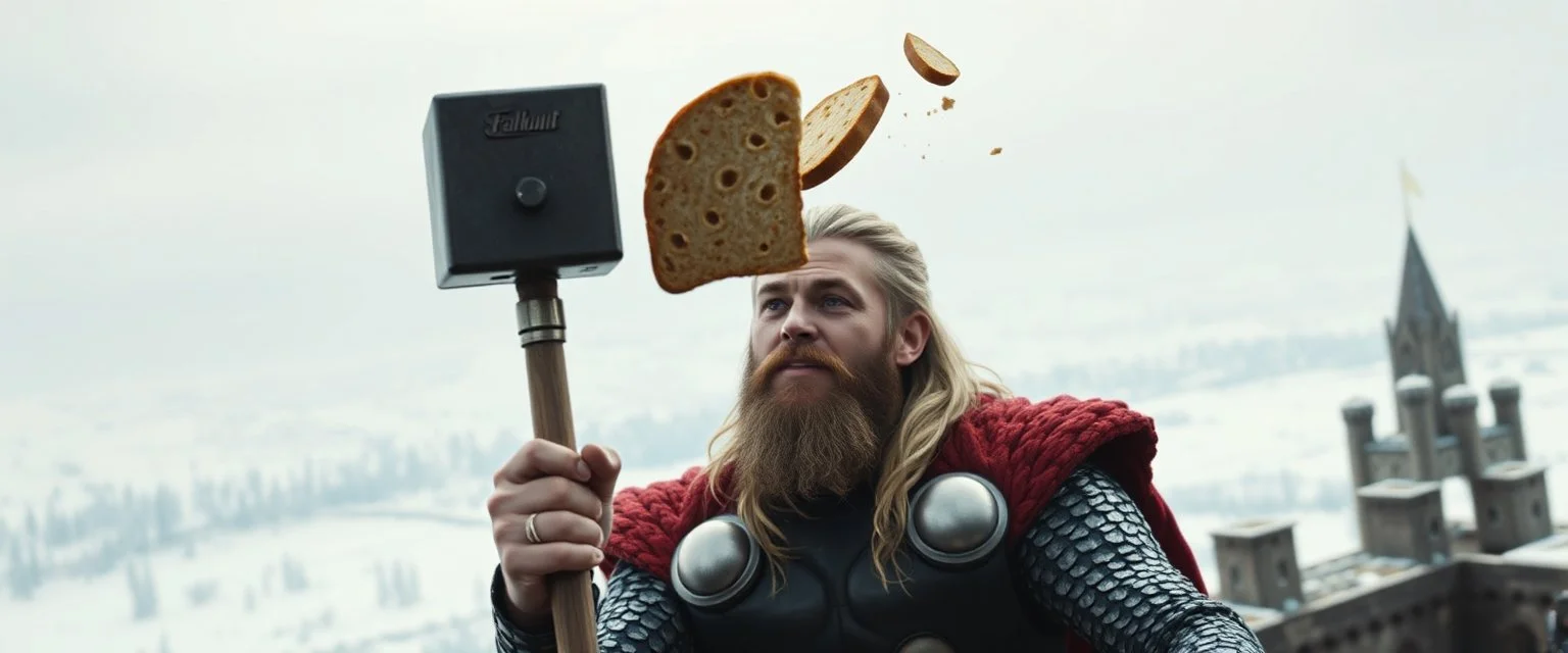 Movie poster portrait. The mighty God Thor sees the hammer toaster on a pole, spit out one slice in his face. The bread is jumping over his head. In the style of Rembrandt and "Gods of Fallout 4". He is sitting on the balcony of his castle, with a great view over the frozen valley. He is trying to grab the bread quickly. "Fali' ja."