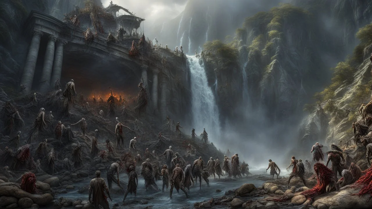 a pile of rotting zombies at the foot of a 3.000 feet high waterfall. fantasy setting, horror. exquisite realism, a masterpiece, fantasy concept art, dynamic lighting, hyperdetailed, intricately detailed, deep color, Unreal Engine, volumetric lighting, Epic cinematic brilliant stunning intricate meticulously detailed dramatic atmospheric maximalist digital matte painting