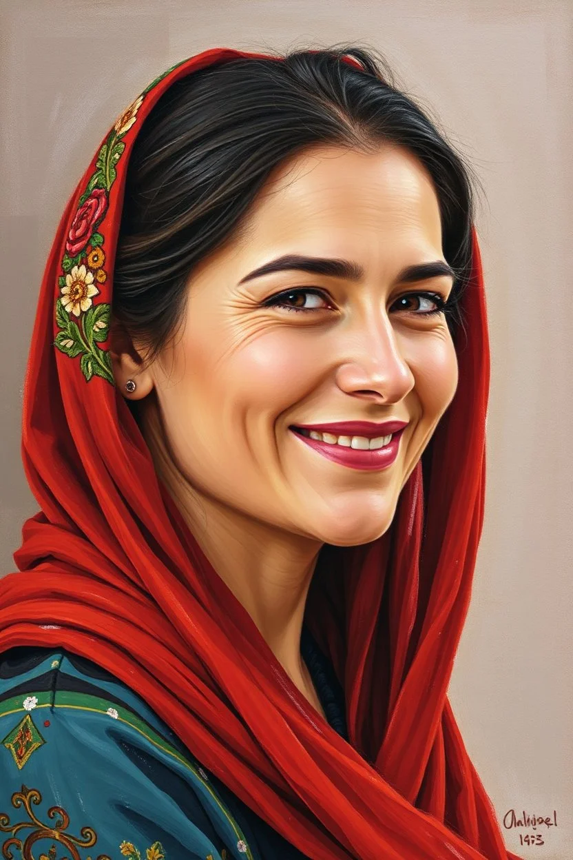 Palestinian woman with a beautiful face, turning her face slightly to the right, smiling slightly, her mouth closed, not showing her teeth, she looks drawn with oil paints