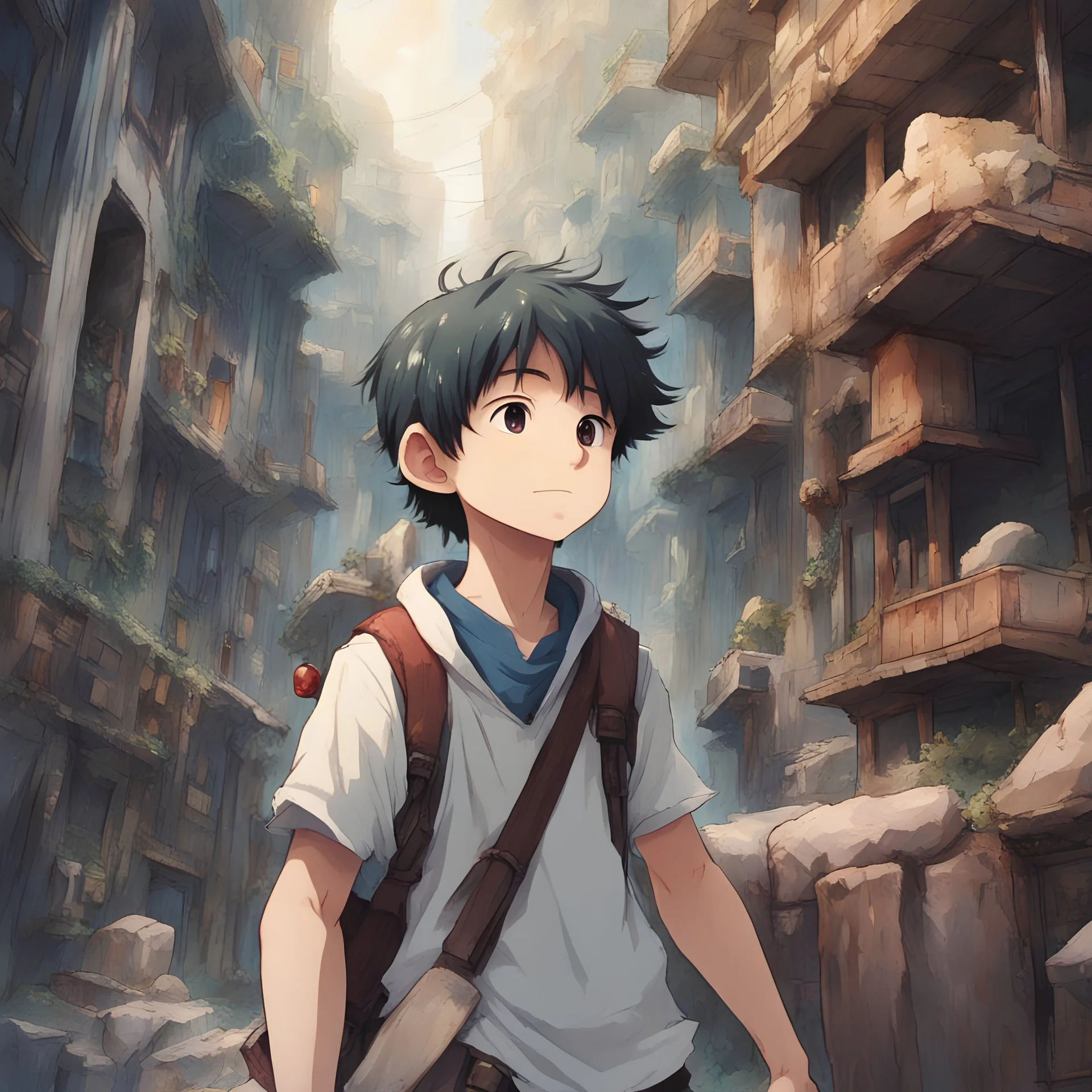 I want a picture of a 13-year-old boy who took an exciting and adventurous journey around the world, where he faced dangerous dangers and discovered ancient secrets. I want it anime