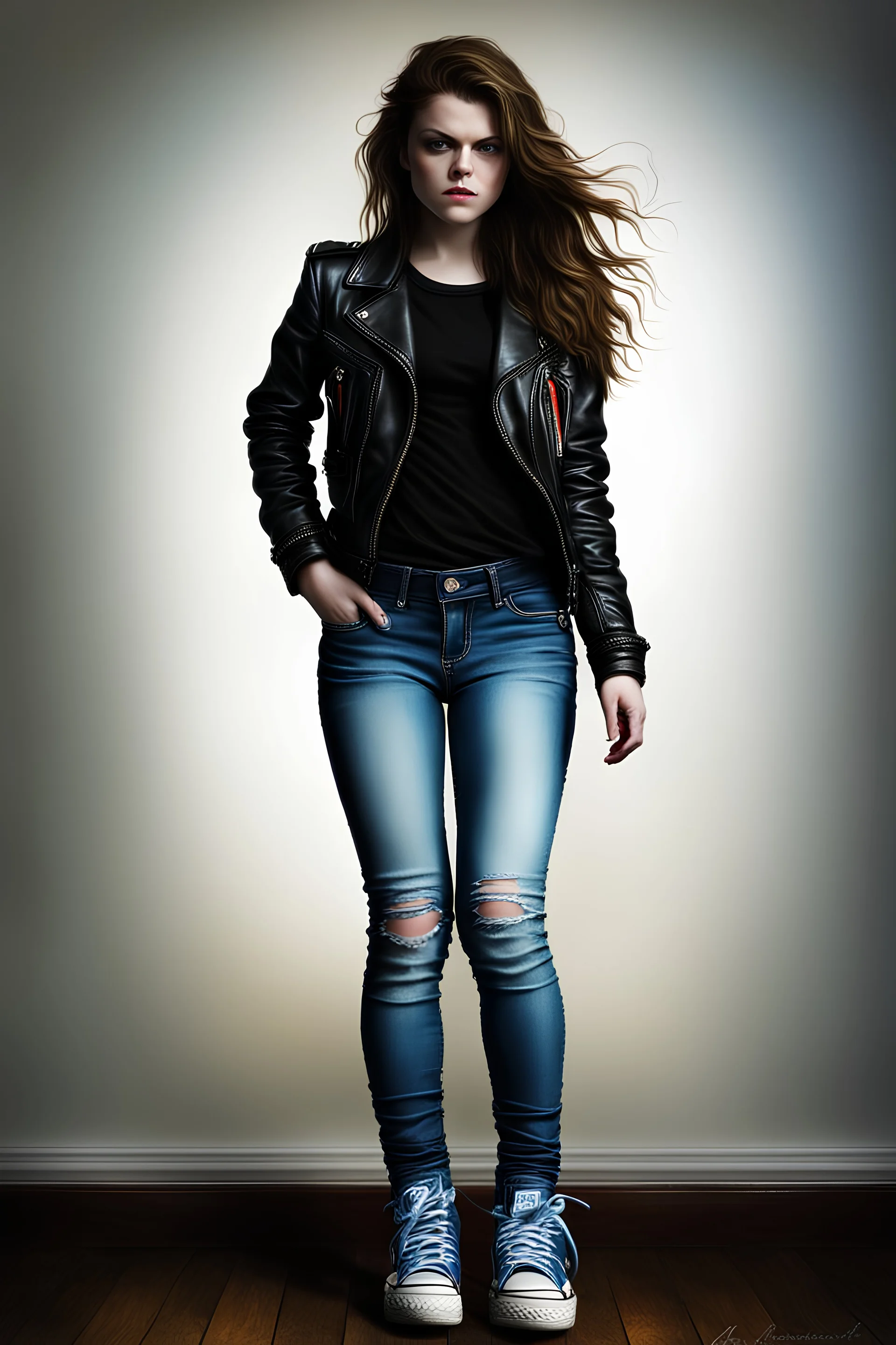 Full body Portrait - digital photograph, chiaroscuro, extremely colorful, vibrant, lifelike, 20th century masterpiece, rich deep colors, highly detailed portrait, beautiful, extremely gorgeous Georgie Henley wearing a black leather biker's jacket, a black "Iron Maiden" T-shirt, Blue Jeans, black Converse sneakers, absolute reality