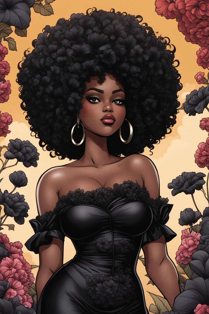 Create an comic drawing image of a curvy size black female wearing a black off the shoulder blouse and she is looking down with Prominent makeup. Highly detailed tightly curly black afro. Background of large black flowers surrounding her