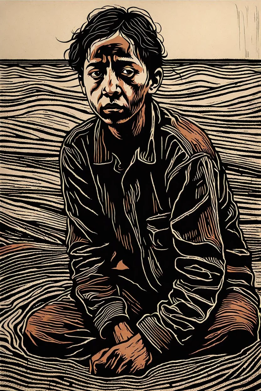 create an abstract, deeply powerful tragic and evocative, full body color woodcut of a raw and weathered young refugee with highly detailed and deeply cut facial features, lost in a horrific post apocalyptic Gaza, in the style of KATHE KOLLWITZ , searing lines and forceful strokes