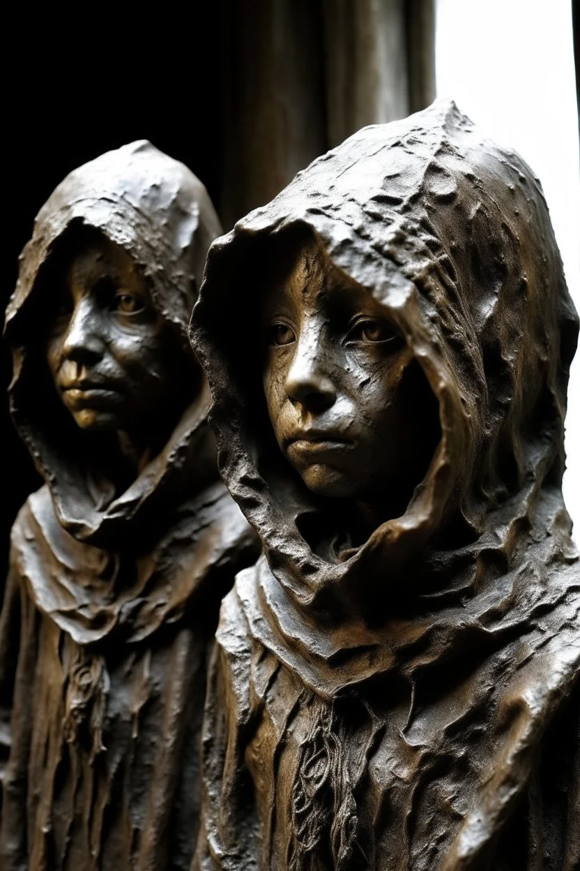 sculpture of a scary hooded children, Multiple faces . decayed and rotting with grotesque proportions and imagery. abstract grotesqueries, detailed texture, surreal horror, biomechanical design, by hr giger and beksinski