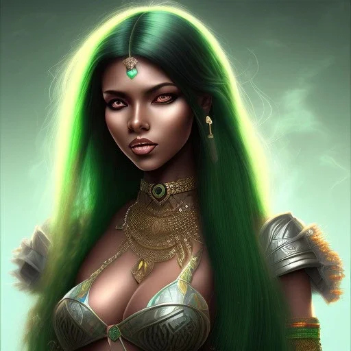 fantasy setting, dark-skinned woman, indian, green hair