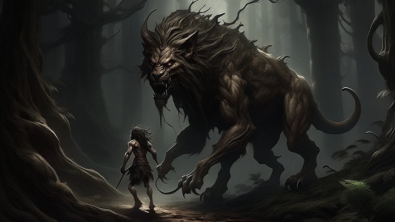 In the depths of a dark and gloomy forest, prowls a strange Cimmerian manticore, whose twisted form is a mix of feline and human features. The main subject of the image is the manticore, a mythical creature with the body of a lion, the wings of a bat, and the tail of a scorpion. The scene is captured in a beautifully detailed photograph, with every strand of hair and pointed tooth painstakingly clear. The manticore's emerald eyes glow with sinister intelligence, contrasting starkly with the snow