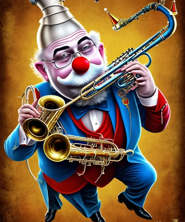 mechanoid happy old friendly fat clown with trimmed beard playing jazz with a steampunk theme, trumpet, realistic