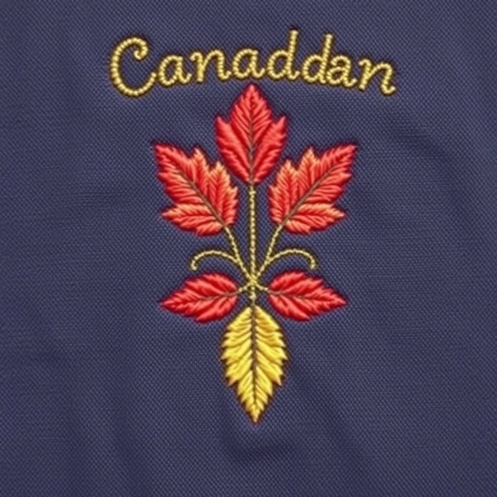 an autumn colored textured cloth embroidered ornamental leaves, pointed bottom, on darker textile background, embroidered text across top, Canadian western textile art design