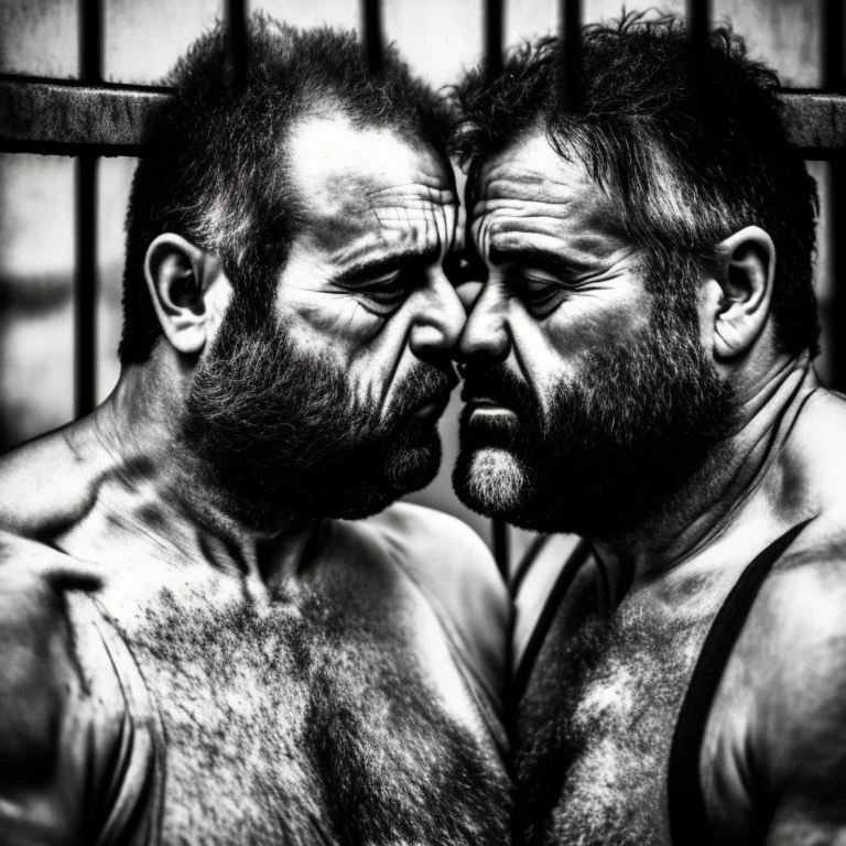 extreme close up photo of two italian prisoners in tank top 40 years old kissing in prison behind bars, chubby, dirty, ugly, bullneck, muscular, short beard, long hairs, manly chest, misery and poverty, emotive eyes, photo 35mm lens, side view, photorealistic, ultradetailed