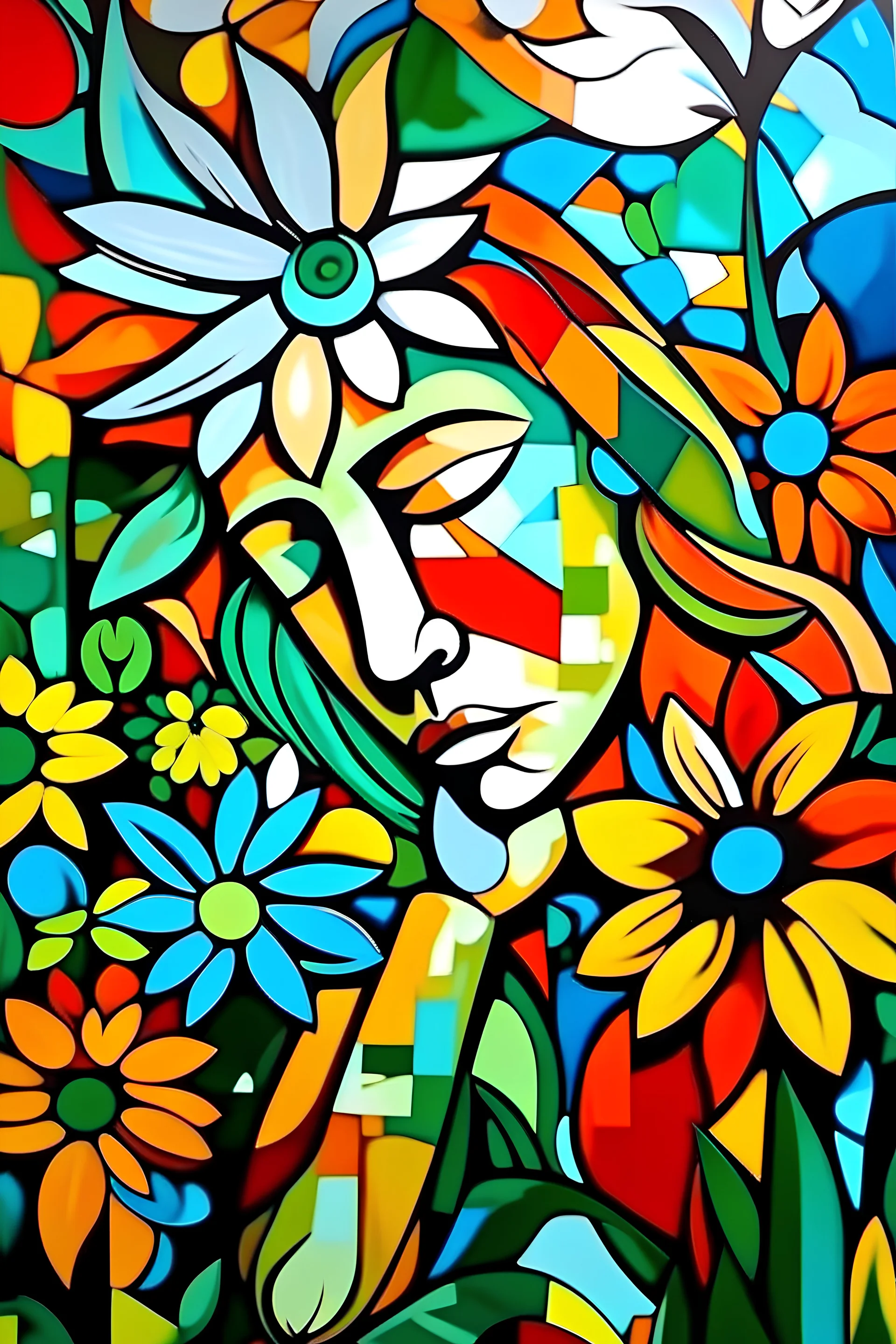 Mujer cansada en un paisaje floral al estilo de Pablo picasso