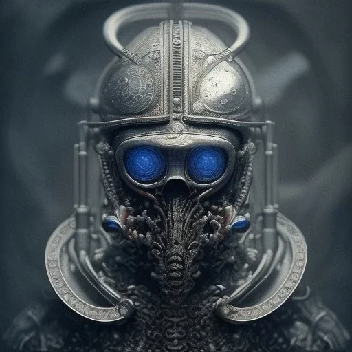 old viking, shines extreme in blue light, hr giger, scary, steam punk, realistic, made in octane, cinematic, ultra-realistic, extremely detailed octane rendering, 8K, VRAY Super Real ar 2:3, dof photorealistic futuristic 50mm lens hard lighting dark gray tintype photograph, realistic lighting, sepia color