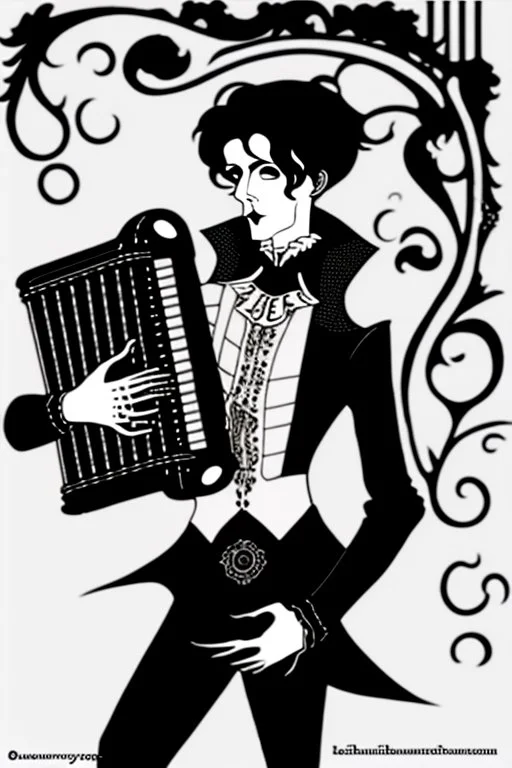 goth male necromancer with black hair playing a accordion in the style of Aubrey Beardsley