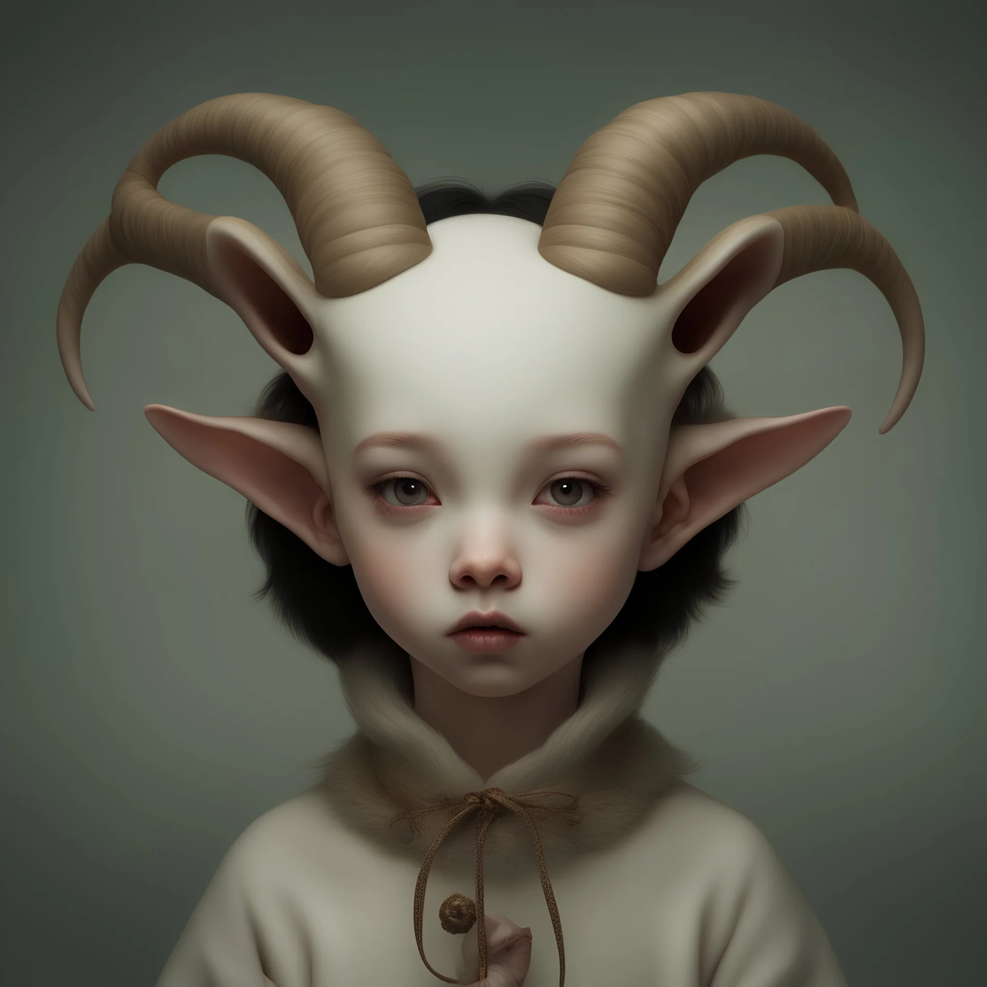 a close up of a child wearing a goat's head, inspired by Ray Caesar, zbrush central contest winner, pop surrealism, kwak ji young, guillem h. pongiluppi, big natural horns on her head, silence, naoto hattori, cloven feet and horns, chinese art, jester, full image, shot with Sony Alpha a9 Il and Sony FE 200-600mm f/5.6-6.3 G OSS lens, natural light, hyper realistic photograph, ultra detailed -ar 3:2 -q 2 -s 750